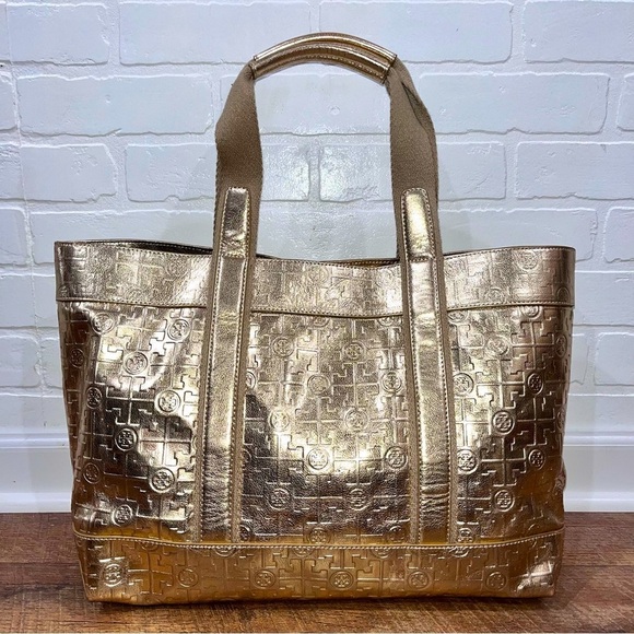 Tory Burch Large Gold Embossed Signature Weekender Tote Bag - Picture 1 of 16